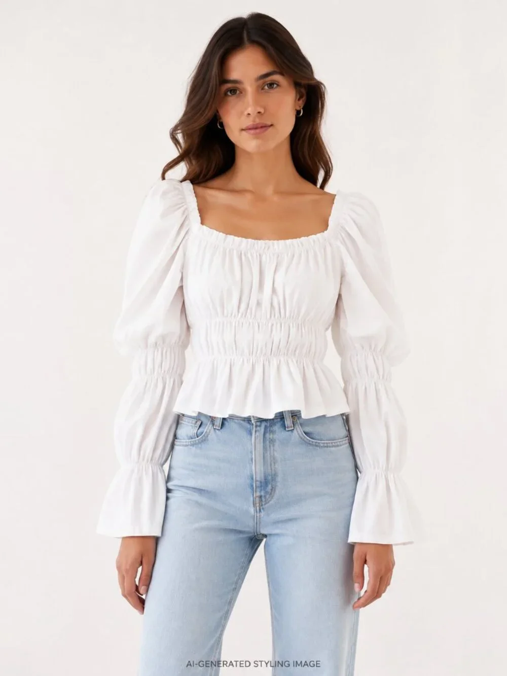 NWT Zara White Puff Sleeve Ruched Peplum Top M